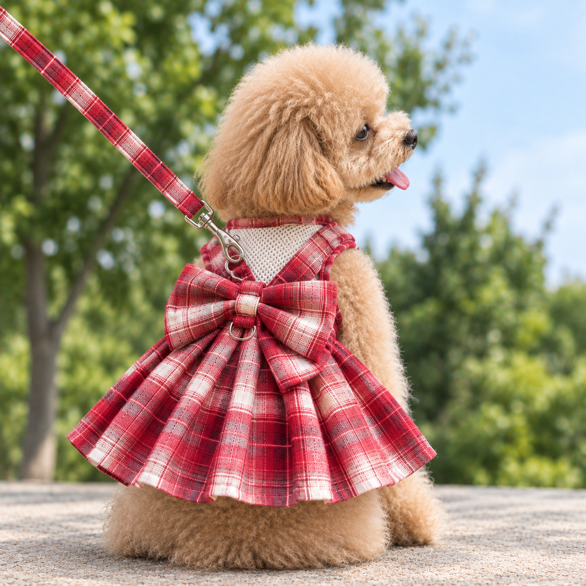 Arnés Vestido de Cuadros con Lazo para Perro