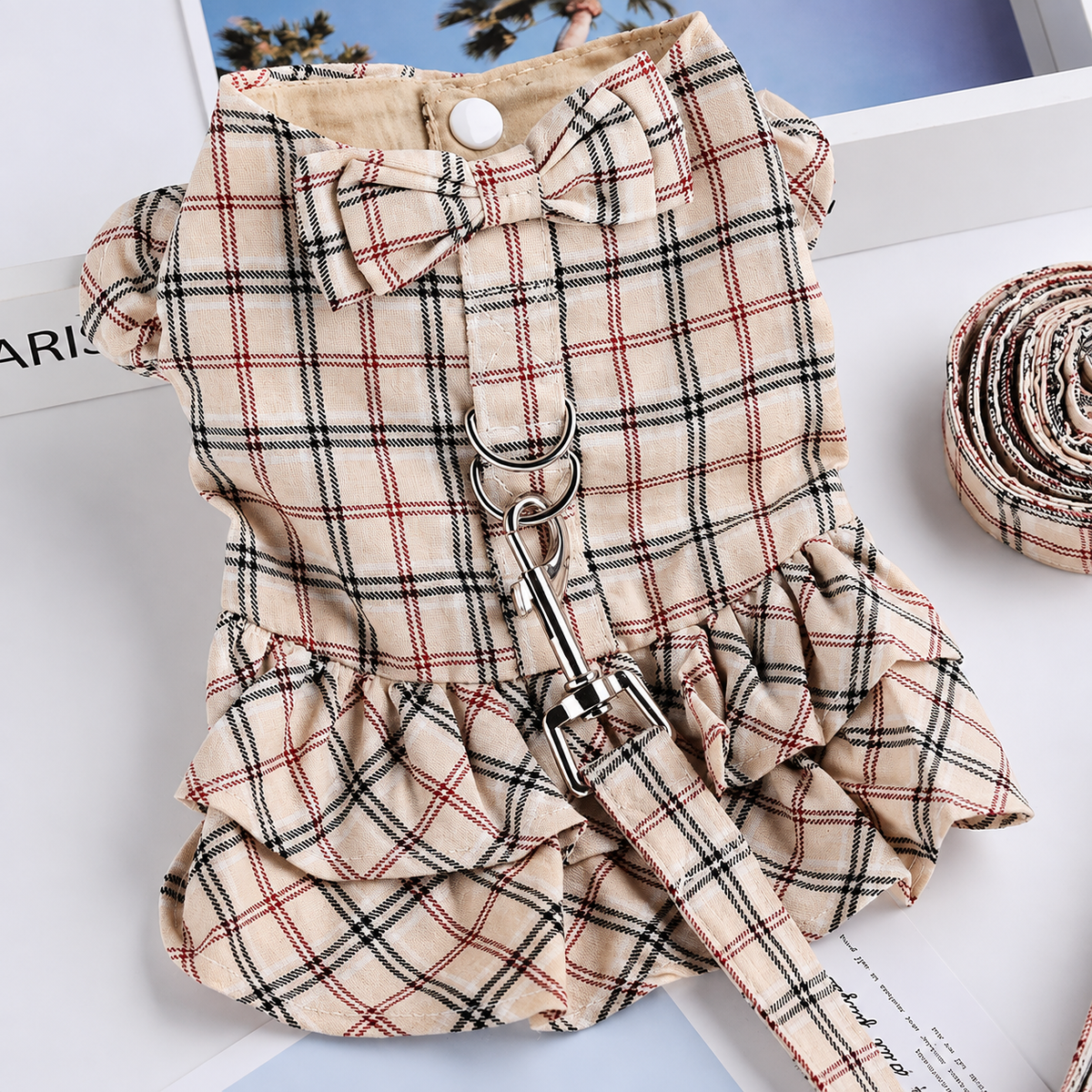 Vestido de Cuadros con Volantes y Correa para Perros