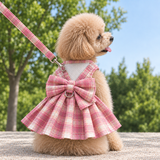 Arnés Vestido de Cuadros con Lazo para Perro