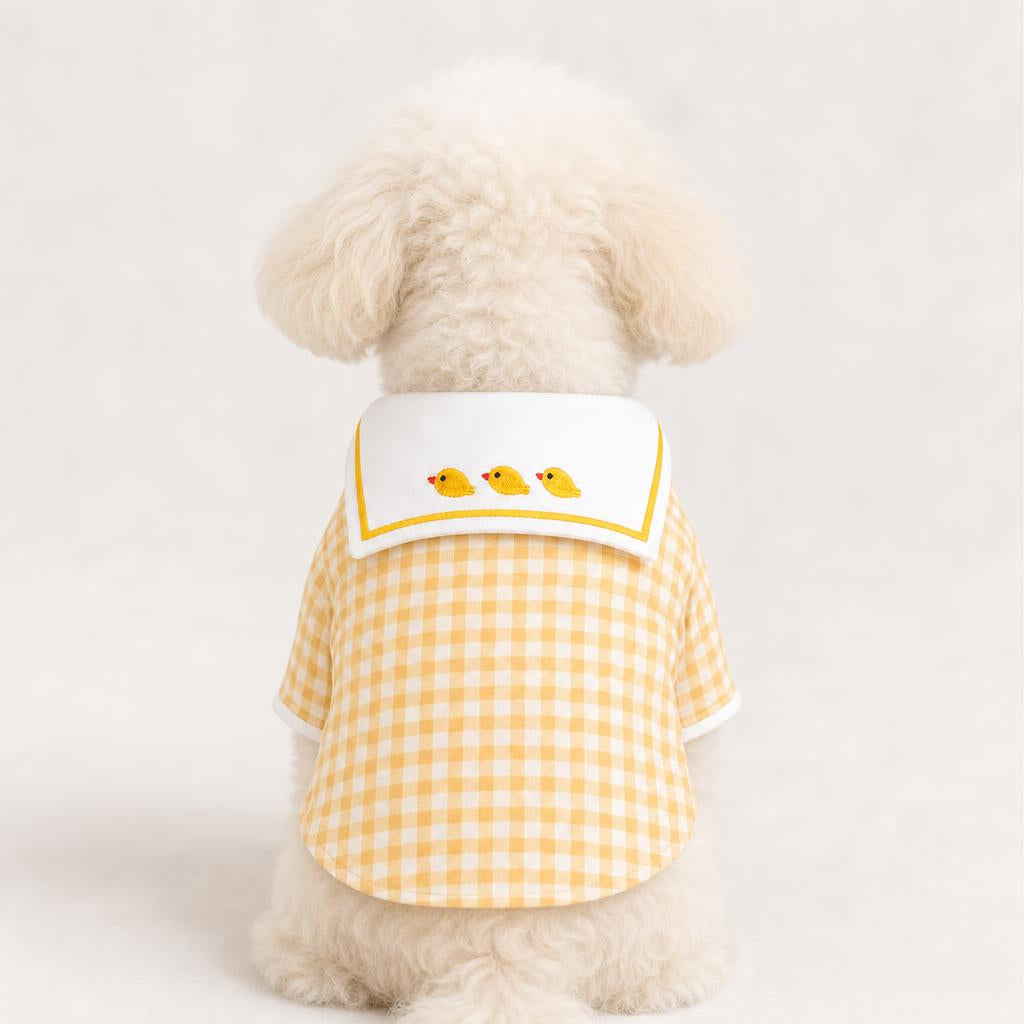 Camisa de cuadros vichy para perro color amarillo, vista de espalda