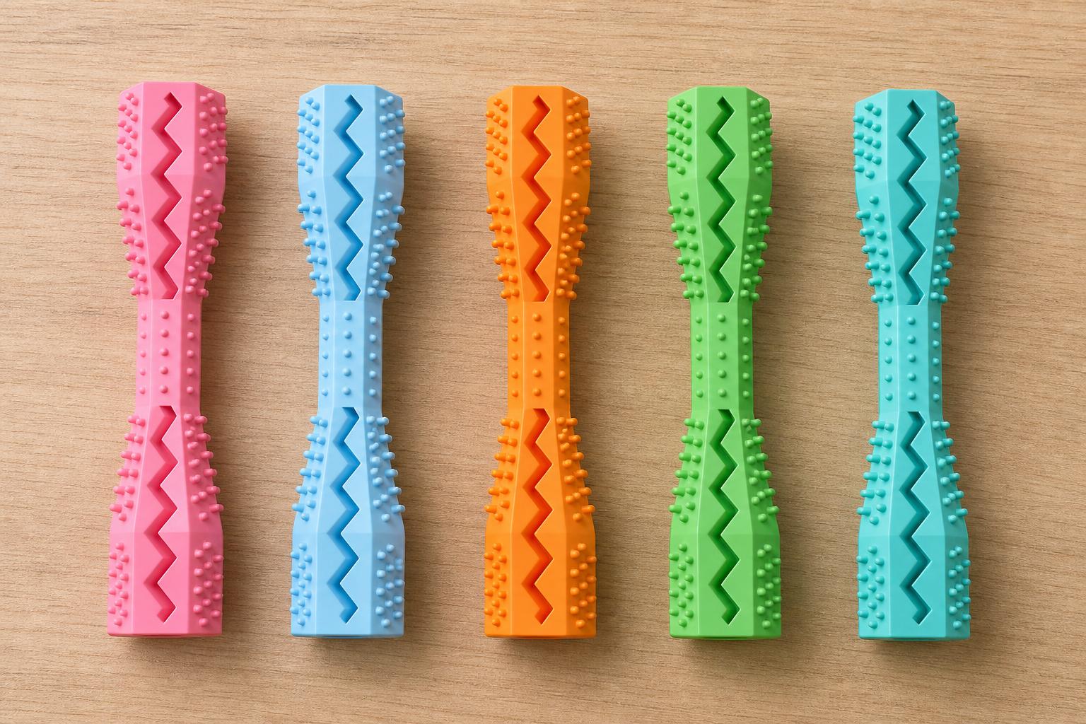 Los 5 colores del mordedor dental PetUno en fila
